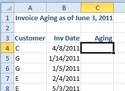 The title says Invoice Aging as of June 3, 2011.  You need to entre a formula in C4 to calculate current againg.