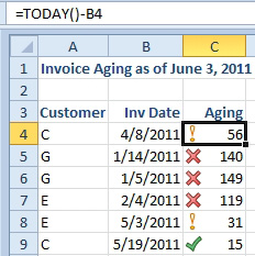 With an invoice date in B4, the Aging calculation is =TODAY()-B4