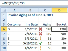 With number of days aging in column C, group items into 30-day buckets using =INT(C6/30)*30