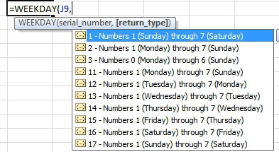 The WEEKDAY function returns a numeric code for each weekday. The 2nd argument offers 3 original and 7 new codes. 1 is Sunday=1 through Saturday = 7. An argument of 2 gives you Monday=1 thorugh Sunday=7, an argument of 3 gives you Monday=0 through Sunday = 6. The seven new arguments are 11 through 17, always return 1 through 7. 11 Starts with Monday as 1, 12 is Tuesday as 1, and so on.
