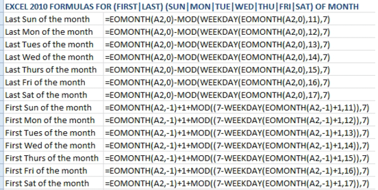 For the last Sunday of the month, use =EOMONTH(A2,0)-MOD(WEEKDAY(EOMONTH(A2,0),11,7). Change the 11 to 12 through 17 to get the last Monday through Sunday. 
