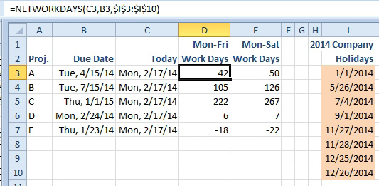 To count weekdays, use =NETWORKDAYS(C3,B3,I3:I10) where the company holidays are in column I.