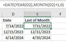 Three examples where =DATE(YEAR(D2),MONTH(D2)+1,0) gets you to the end of the month, even for dates in December.