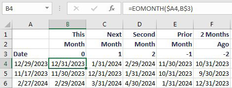 Starting in Excel 2007, the easier way to get to the end of this month is =EOMONTH(A4,0)