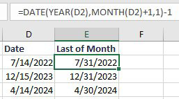 With a date in D2, to find the end of the month, use =DATE(YEAR(D2),MONTH(D2)+1,1)-1. This gives you the first of next month and then subtracts one.