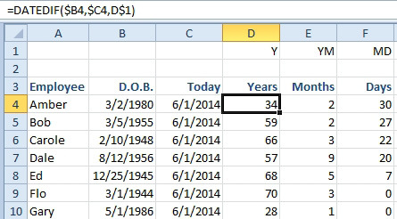 WIth name in A, date of birth in B, today in C, the DATEDIF formula can return something like 34 years, 2 months and 30 days as an age.