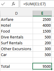 Even if the new item was typed in row 7 just below the range in =SUM(E1:E6), the formula would expand to include the new value in E7.