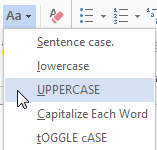 Microsoft Word offers a Aa drop-down menu with Sentence Case, lowercase, UPPERCASE, Capitalize Each Word and tOGGLE cASE