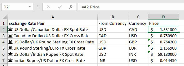 After converting to Stock, =A2Price gives you the current exchange rate.