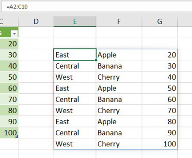 The one formula =A2:C10 returns a three-column by 9-row set of results. The formula bar shows =A2:C10. A green outline appears around the entire results set. 