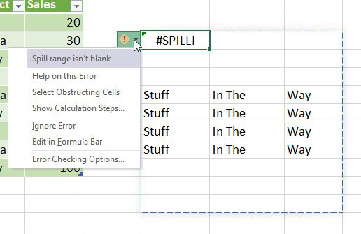 After entering the formula, it returns a #SPILL! error. Open the on-grid drop-down to the left of the cell and it shows the error as "Spill range is not blank". The third choice in the drop-down is "Select Obstructing Cells". 