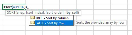 The fourth argument is By Column. True will sort by column. False with sort by row.  Choosing True here will be equivalent to using Sort Left to Right in the Sort Options dialog box. If you don't use the fourth argument, it defaults to False which does a normal sort of the rows. 