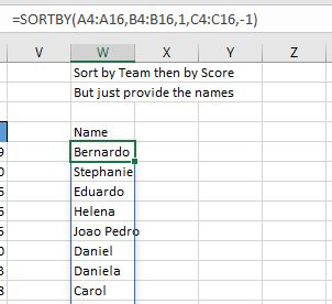 The original data has name, team, score. This formula sorts by team and score, but only gives you the names. =SORTBY(A4:A16,B4:16,1,C4:C16,-1). 