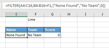 Specify an array constant with three values as the None_Found argument in the FILTER function. =FILTER(A4:C16,B4:B16=F1,{"None Found","No Team",0}). When you choose a team that has no members, all three columns will be populated with default values. 