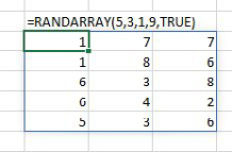 The new version of RANDARRAY will return integers. =RANDARRAY(5,3,1,9,TRUE) returns 5 rows and 3 columns of random integers between 1 and 9. 