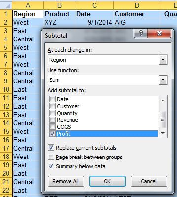 Sort the data by Customer Choose Data, Subtotals. By default the Subtotal dialog box says as Each Change In (the first column), Use the Sum function, on (the last column).  Of the three checkboxes at the bottom, Replace Current Subtotals and Summary Below Data are checked. The Page Break Between Groups is unchecked. Three buttons at the bottom are Remove All, OK, and Cancel.