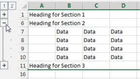 After creating groups for Section 1, Section 2, and Section 3, you will have two Group and Outline buttons to the left of column A and then each individual section has a Collapse button (a minus sign). Once you have collapsed a section, the Collapse icon changes to an Expand icon (a plus sign).