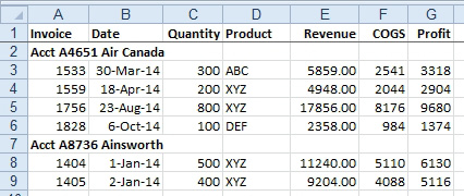 Another annoying data set.  There are four rows in A3:G6 which belong to Air Canada. Rather than put Air Canada in each row, you have a single cell in A2 with "Acct A4651 Air Canada". Another customer heading in A7 says Acct A8736 Ainsworth, followed by all of the records for Ainsworth.