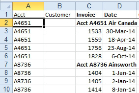 Insert two new columns for Account and Customer. The formula described at left extracts the correct account number over to column A. 
