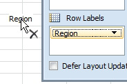 To remove Region from a Pivot Table, drag the Region tile outside of the Pivot Table Fields pane. The mouse cursor changes to the word Region with an italics X icon. (The X means delete)