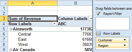With Customer already in the Rows area, checkmark Region. It moves to the second row field. The report shows the first customer in row 5, then the three regions in rows 6, 7, and 8. It might make more sense to have Region as the first row field. 