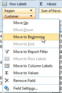 Open the drop-down menu on the Customer tile. Your choices are:
Move Up
Move Down
Move to Beginning
Move to End
Move to Report Filter
Move to Row Labels
Move to Column Labels
Move to Values
Remove Field, and
Field Settings. 
Choose Move to Beginning.