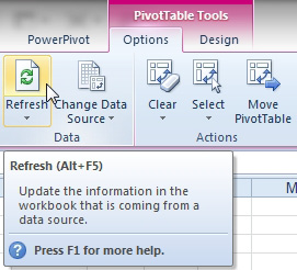 Use the Refresh icon on the Analyze tab to force Excel to re-read the data in the worksheet and update the pivot table. 