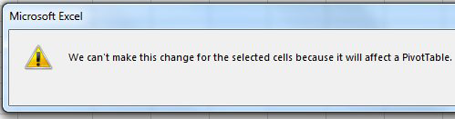 A message says: We can't make this change for the selected cells because it will affect a PivotTable.