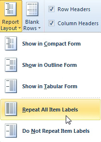 On the Report Layout drop-down, choose Show in Tabular Form and then Repeat All Item Labels. 