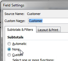 On the Field Settings for Customer, change Subtotals from Automatic to None.