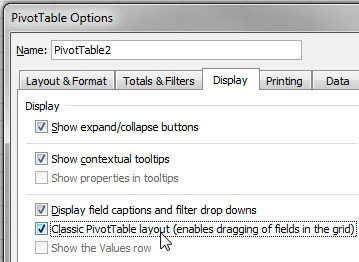In the PivotTable Options dialog, go to the Display tab. Choose Classic Pivot Table Layout (enables dragging of fields in the grid).