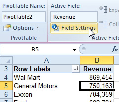 A pivot table with Sum of Revenue by Customer. From any Revenue cell, click Field Settings. 