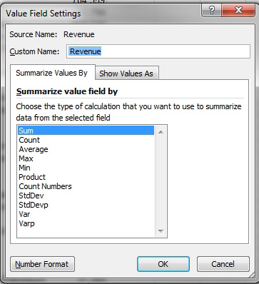 The Value Field Settings dialog offers two tabs. On the Summarize Values By tab, the 11 choices are Sum, Count, Average, Max, Min, Product, Count Numbers, StdDev, StdDevP, Var, and VarP.