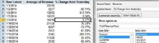Percentage Change from Yesterday. With dates in the Row field, in the Value Field Settings, choose the Show Values As tab, then % Difference From. The Base field is Date and the Base Item is (previous)