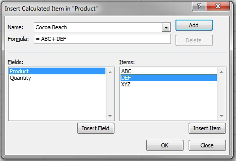 Add a Calculated Item along the product dimension. Your manufacturing plant in Cocoa Beach makes ABC and DEF. The new item, called Cocoa Beach is ABC + DEF. 