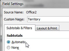 Open the Field Settings for the new Office2 field. Change the Custom Name to Territory. Leave the Subtotals at Automatic. 