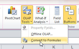 On the Pivot Table Analyze ribbon, open the OLAP Tools drop-down and choose Convert to Formulas.