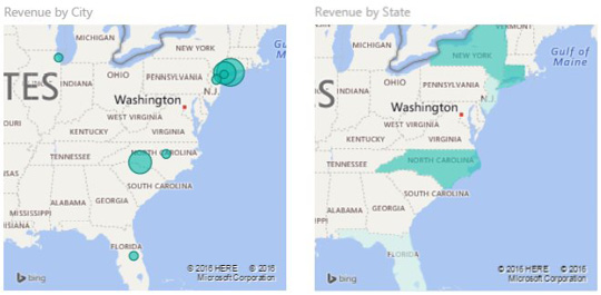 Contrasting a map and a filled map. With the map, each customer appears as a bubble on the state. With a filled map, all of the customers in North Carolina are added together and control the color intensity of the entire state.
