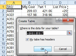 Press Ctrl+T. The Create Table dialog shows the cell address of the current region and has a checkbox for My Table Has Headers.