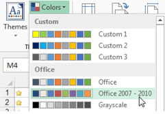 On the Page Layout tab, open the Colors drop-down menu and you can choose Office 2007 - 2010 colors.