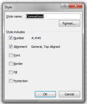In the Style dialog, give the style a name of CommaGood. The Style Includes the number format and Alignment, but not Font, Border, Fill, or Protection