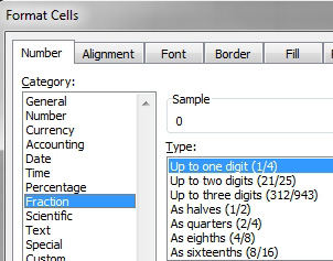 Format Cells, Number tab, Fraction category. Choices are Up to One Digit (1/4), Up to 2 digits (21/25), Up to three digits (312/943) then halves, quarters, eighths, sixteenths.