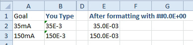 Change the custom format code to ##0.0E+00 and you will get 30.0E-03