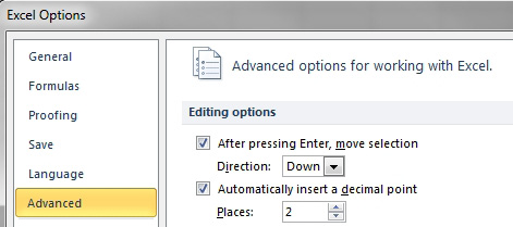 File, Options, Advanced: Automatically Insert a Decimal Point and Places defaults to 2