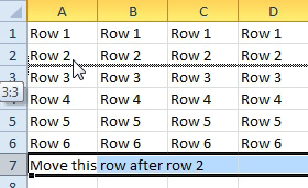 Row 7 is selected. A note says to move this after row 2. Shift-drag the top border and drop it between row 2 and row 3.