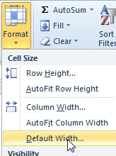 On the Home tab, the Format drop-down menu offers Default Width...