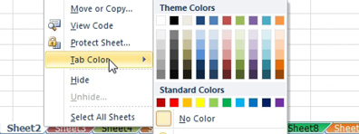 Right-click a worksheet tab, choose Tab Color, then choose a color.