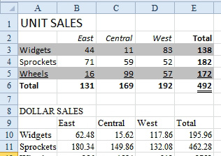 There are two sections of this report with similar shape. The Unit Sales has been nicely formatted. The Dollar Sales section is not yet formatted. 
