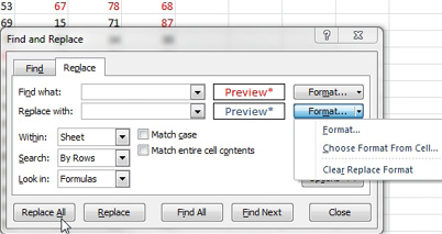 The Find & Replace dialog has a Format... drop-down menu with Format, Choose Format from Cell, or Clear Format choices.