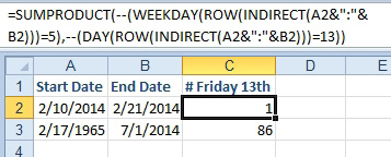 A complicated formula in the formula bar calculates the number of Friday the 13ths between two dates.